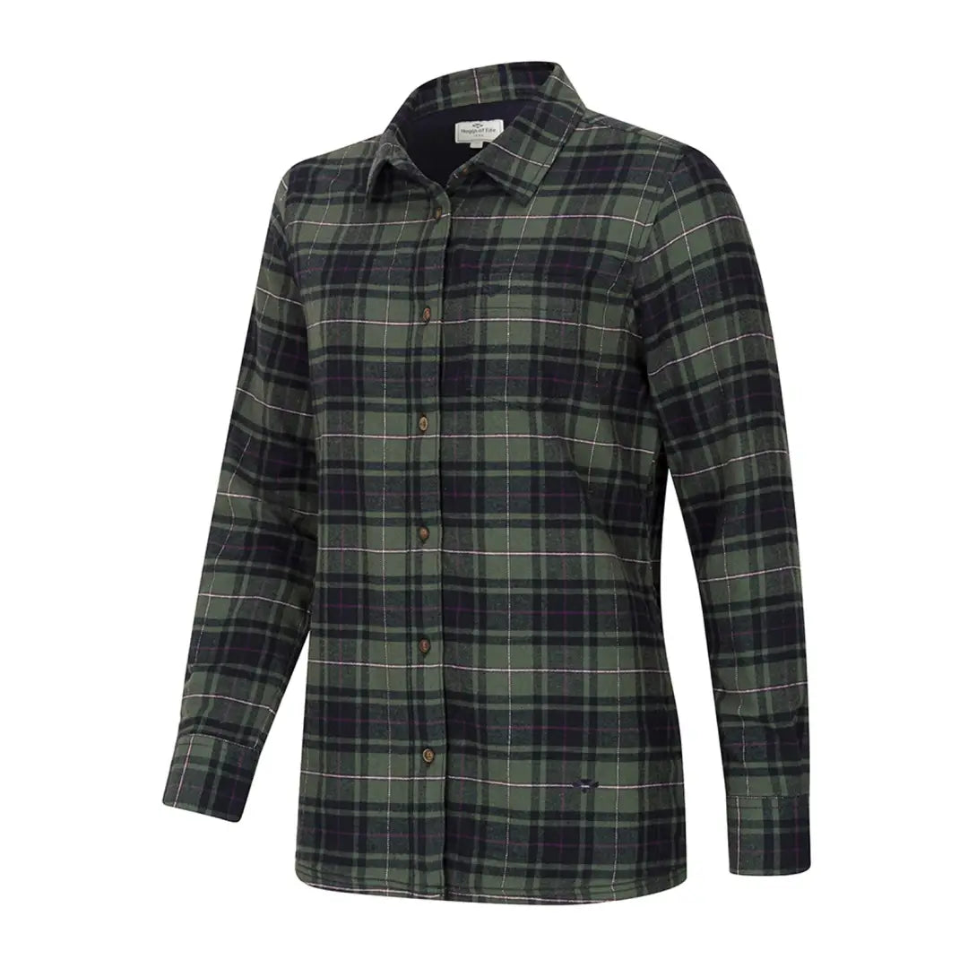 Green and black plaid flannel shirt with microfleece lining and subtle tartan check