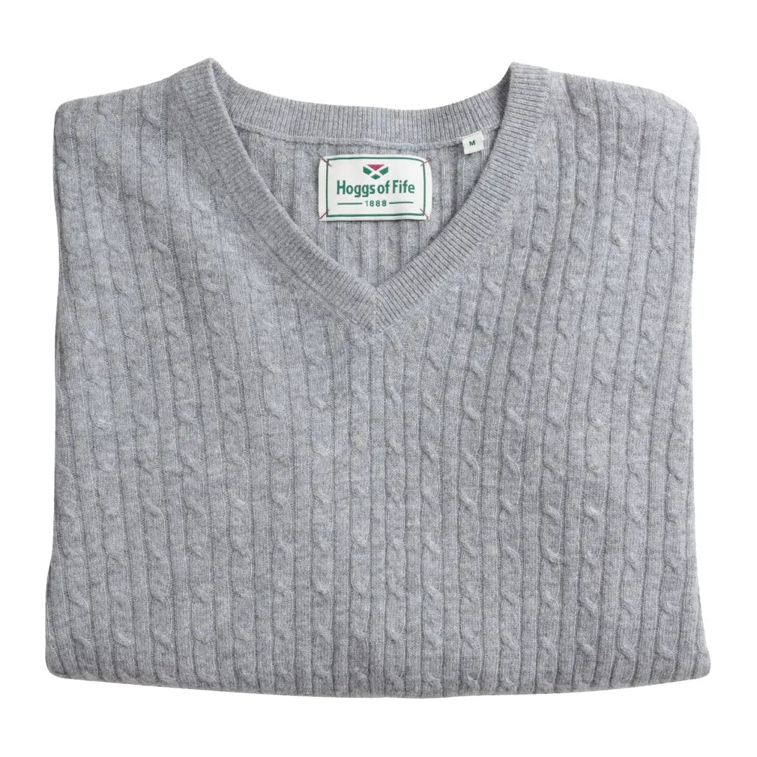 Gray cable-knit V-neck sweater with Hoggs of Fife label, perfect for Lauder ladies