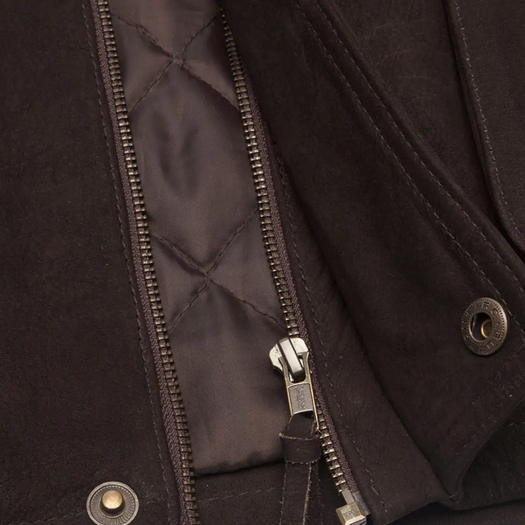 Zipper detail on a dark jacket showcasing the Fife Lomond Leather Waistcoat style