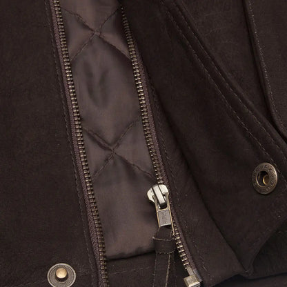 Zipper detail on a dark jacket showcasing the Fife Lomond Leather Waistcoat style