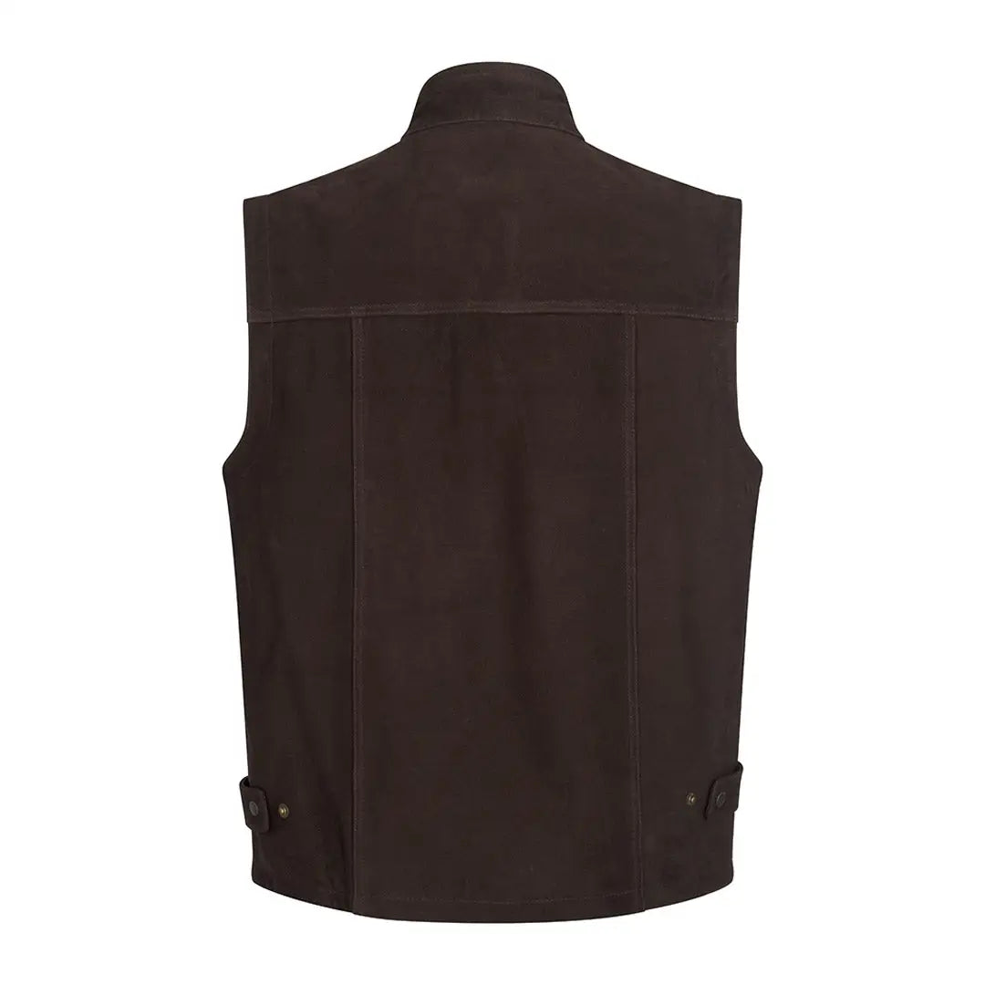 Dark brown sleeveless Fife Lomond leather waistcoat with high collar and back yoke