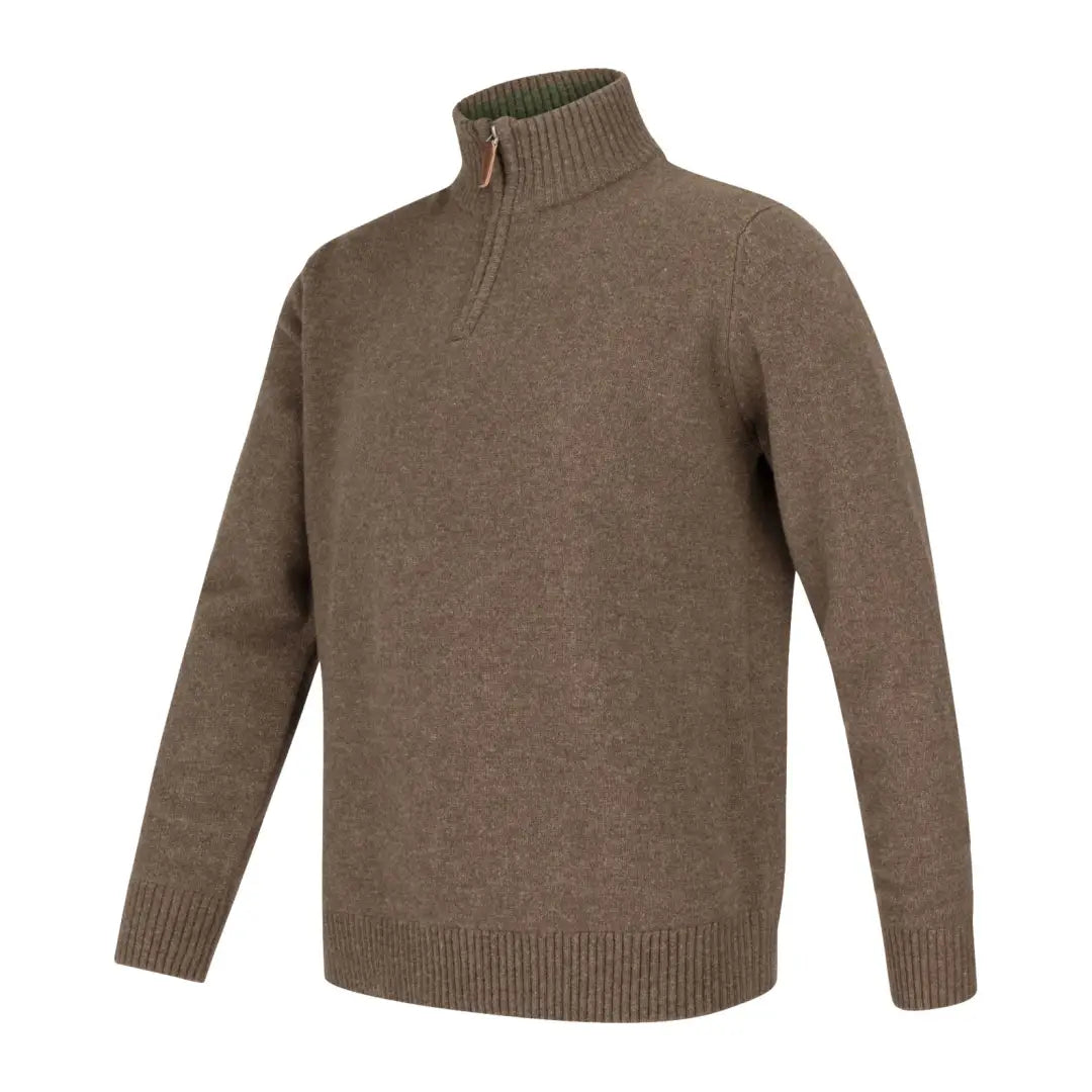 Brown knit zip neck pullover from Hoggs of Fife, perfect for cozy style