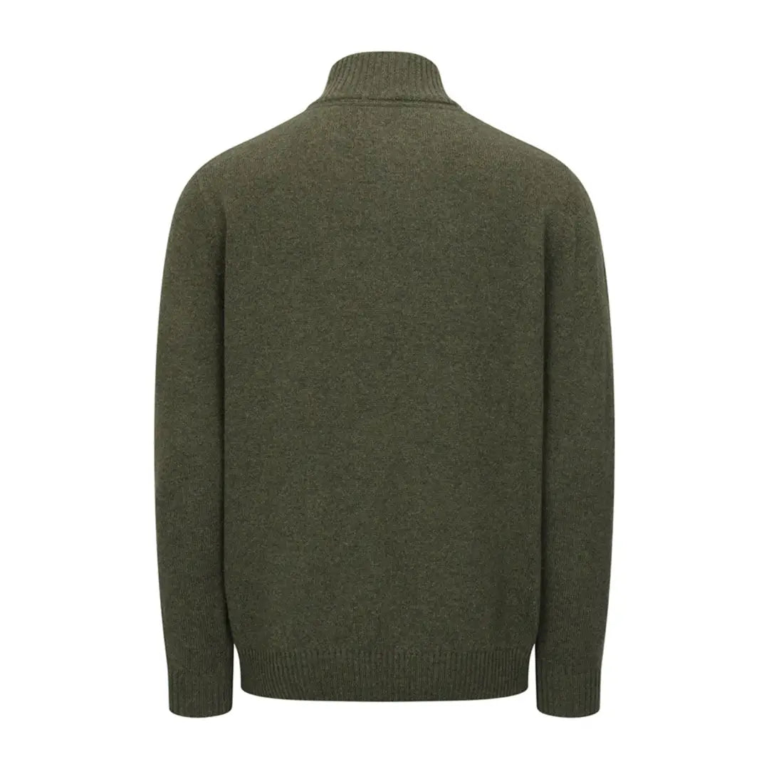 Olive green knit sweater with high collar from Hoggs of Fife, a modern classic zip pullover