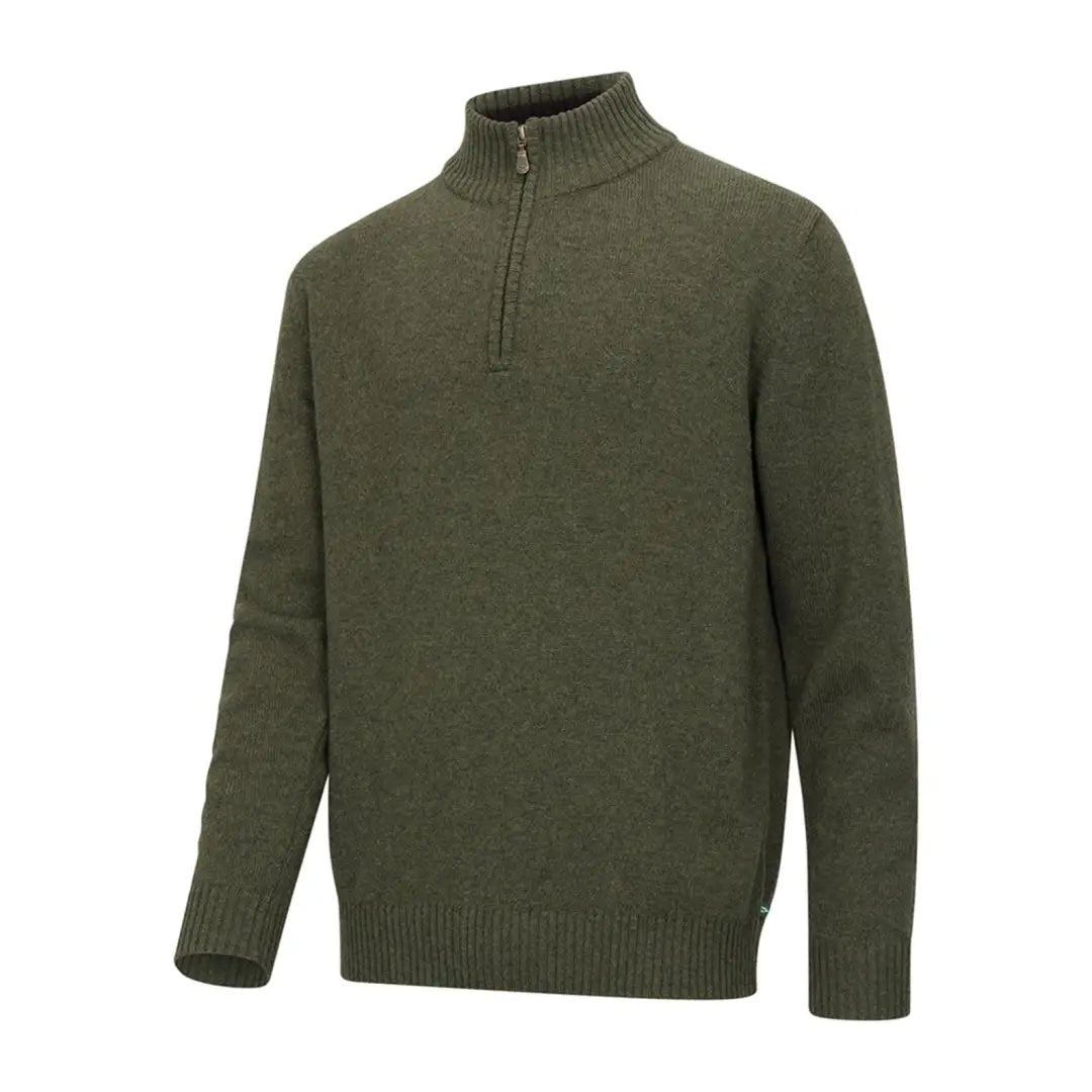 Olive green knit zip pullover from Hoggs of Fife exudes style and modern classic vibes