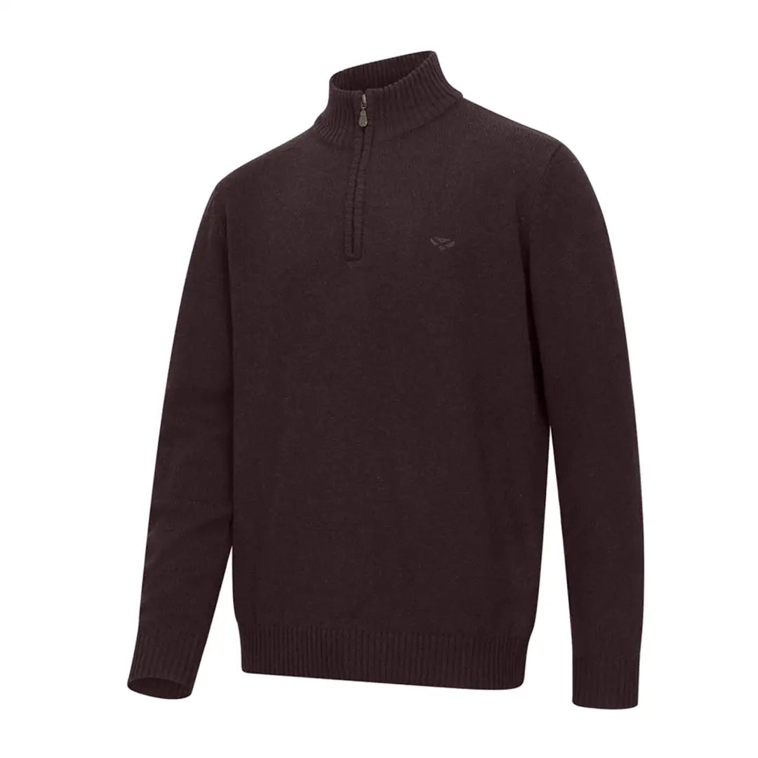 Dark brown zip neck pullover with ribbed collar, expertly designed for comfort