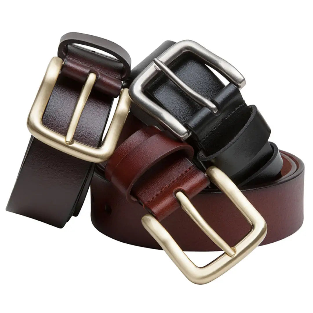 Three stylish leather belts in brown and black from Hoggs Of Fife Luxury Leather