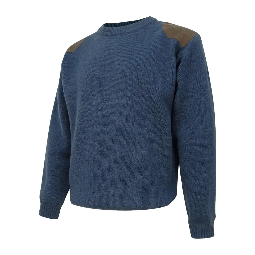 Navy blue Melrose Hunting Pullover with stylish brown shoulder patches