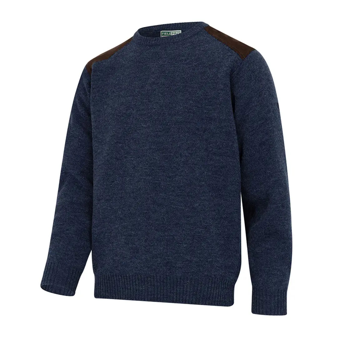 Navy blue knit sweater with brown patches perfect for outdoors or country clothing