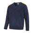 Navy blue V-neck pullover with brown patches from Hoggs Of Fife Melrose II collection