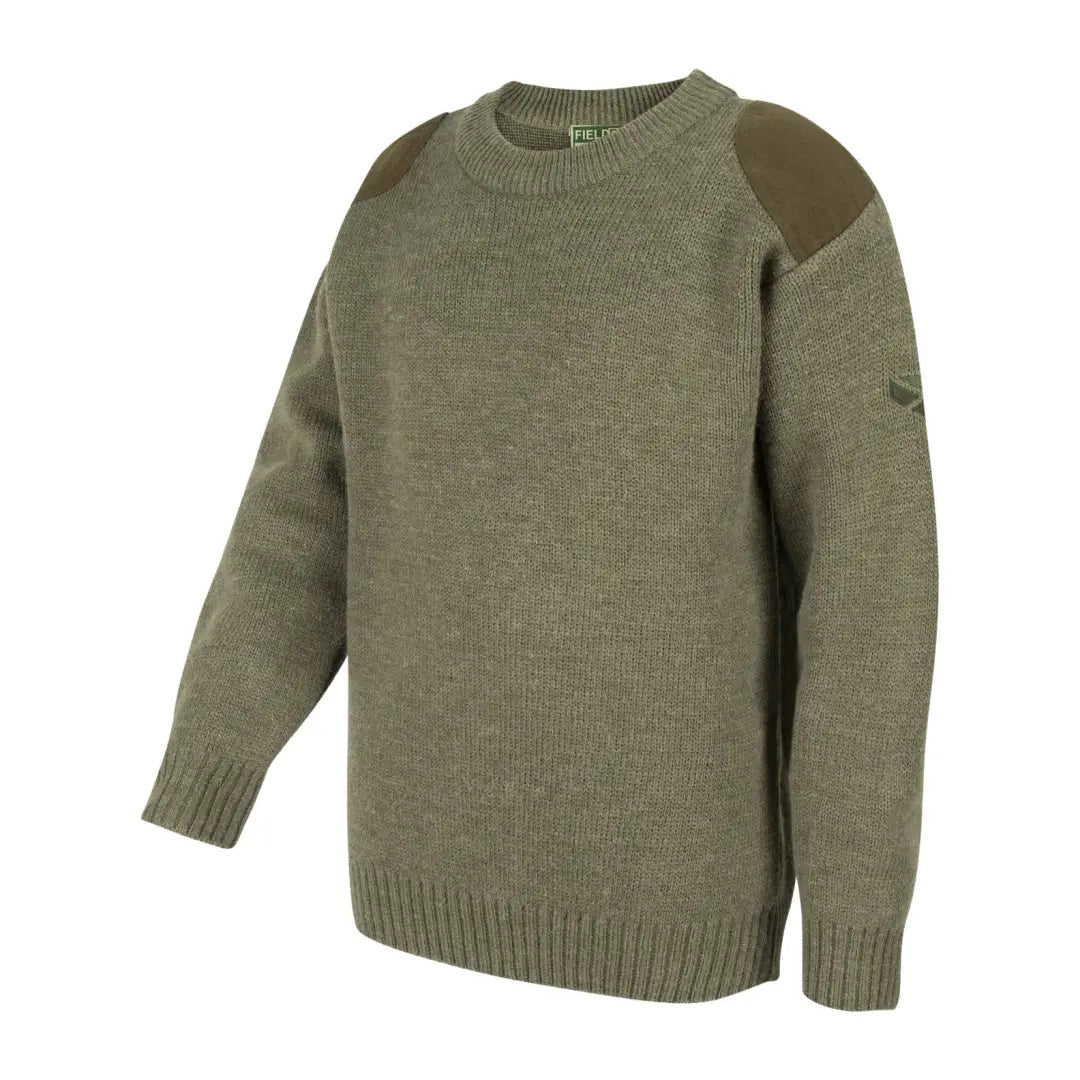 Olive green knit sweater with crew neck and ribbed cuffs, perfect for Fife Melrose Junior