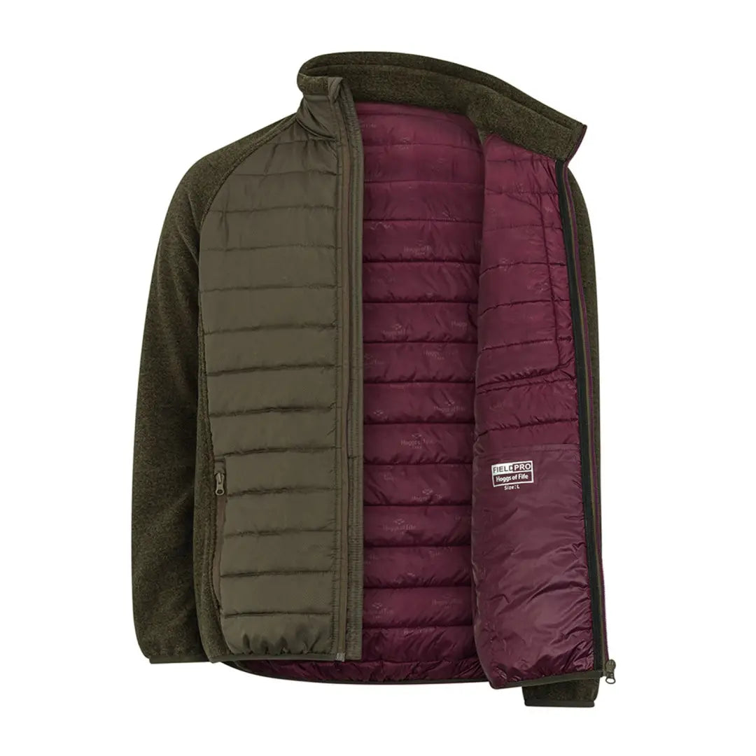 Olive green Hoggs of Fife Melville Hybrid Jacket with burgundy lining, unzipped