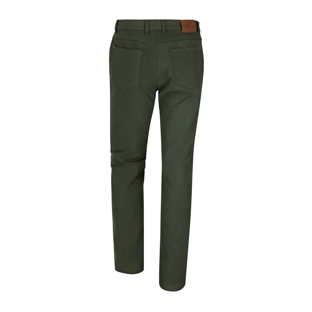 Dark green Hoggs of Fife Monarch II Moleskin Jeans with brown leather patch, perfect for outdoors