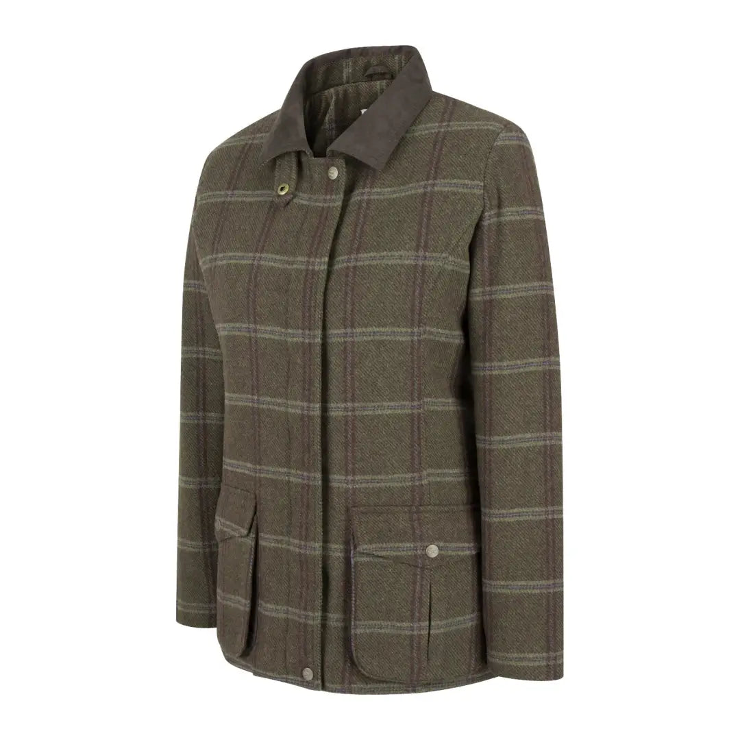 Olive green plaid Hoggs Of Fife Musselburgh Ladies Tweed Field Coat with pockets