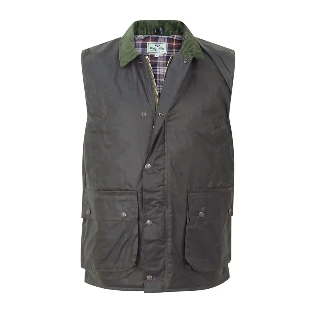 Green waxed waistcoat with pockets and plaid lining from Hoggs Of Fife, perfect for style