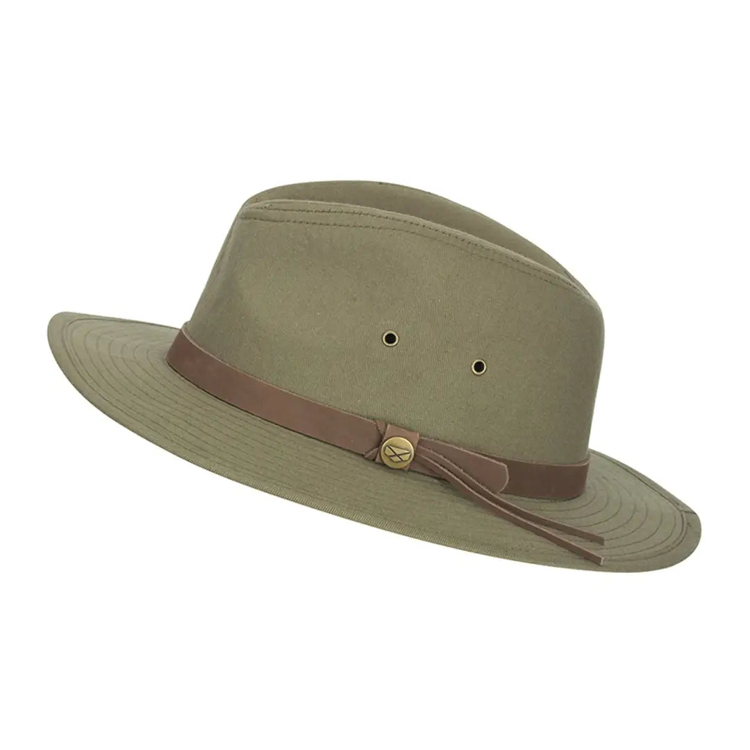 Olive green canvas foldable safari hat with leather band for country clothing or hunting