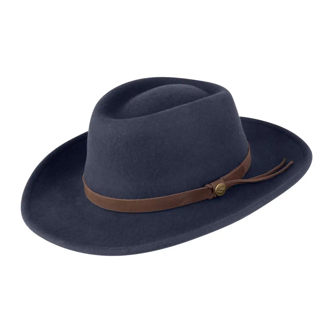 Navy blue Fife Perth hat with a brown leather band, previously called Boston