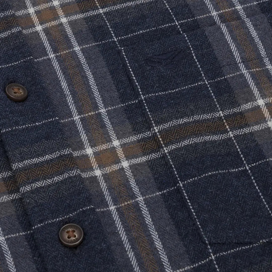 Plaid navy blue, brown, and white flannel shirt with buttons for country clothing lovers