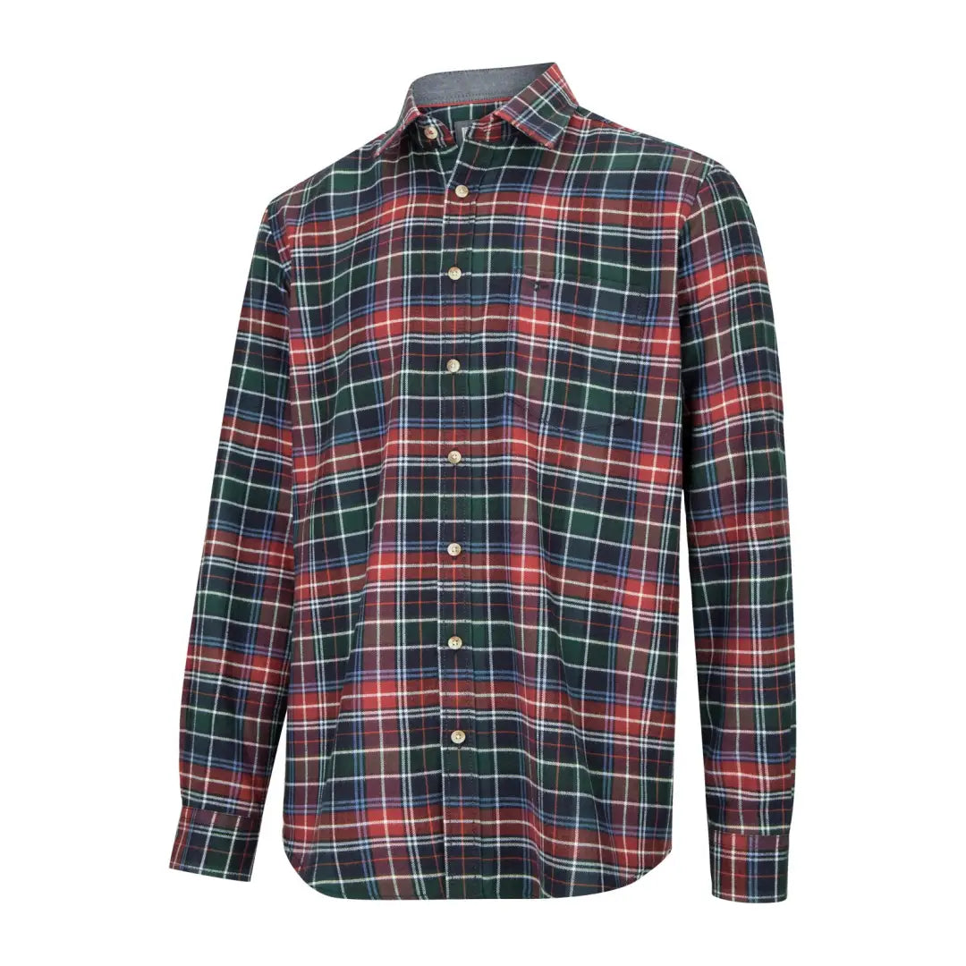 Plaid flannel button-up shirt with red, green, and white in Hoggs Of Fife Pitlochry Flannel