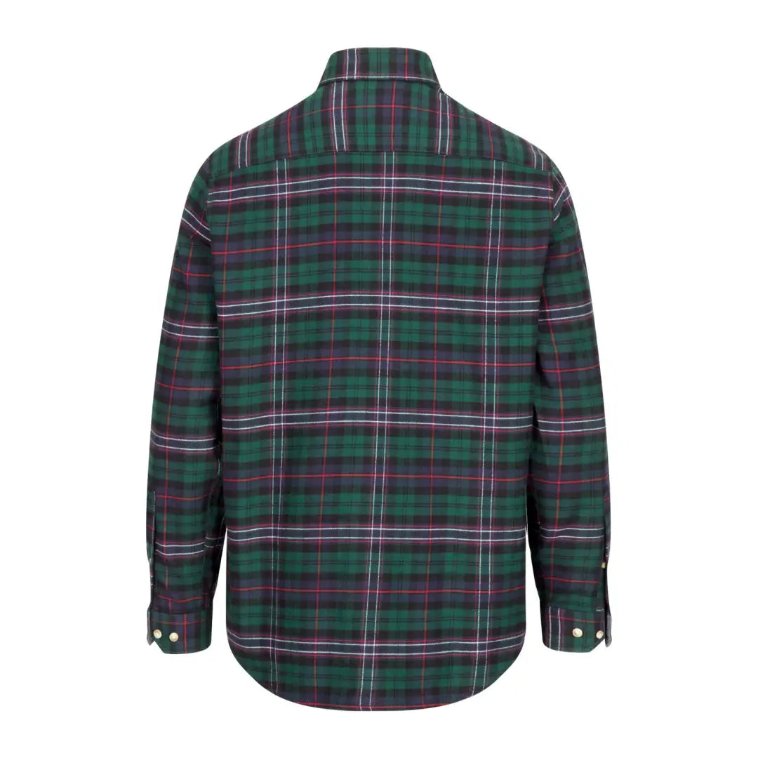 Plaid flannel shirt in green, purple, and white, perfect Pitscottie Flannel style