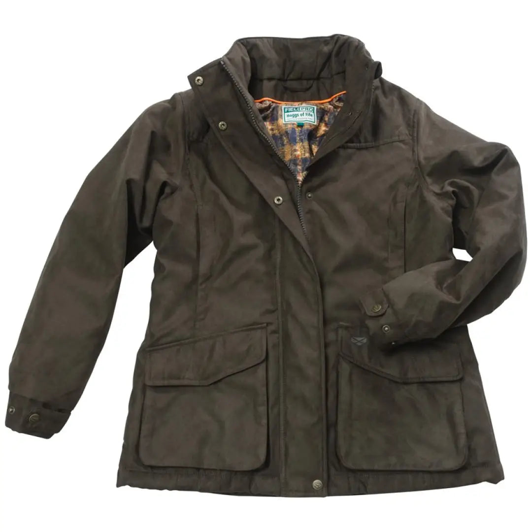 Dark green waxed cotton ladies hunting jacket with pockets and high collar from Hoggs of Fife