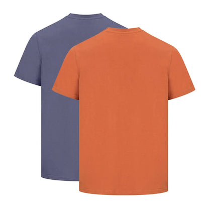 Two plain Hoggs Of Fife Sandwood T-Shirts in orange and blue-gray, perfect for country clothing