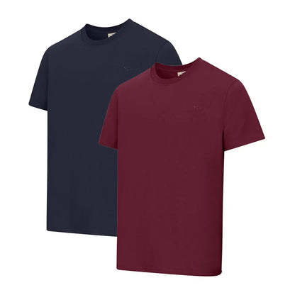 Navy blue and burgundy crew neck t-shirts from Hoggs Of Fife for outdoor adventures