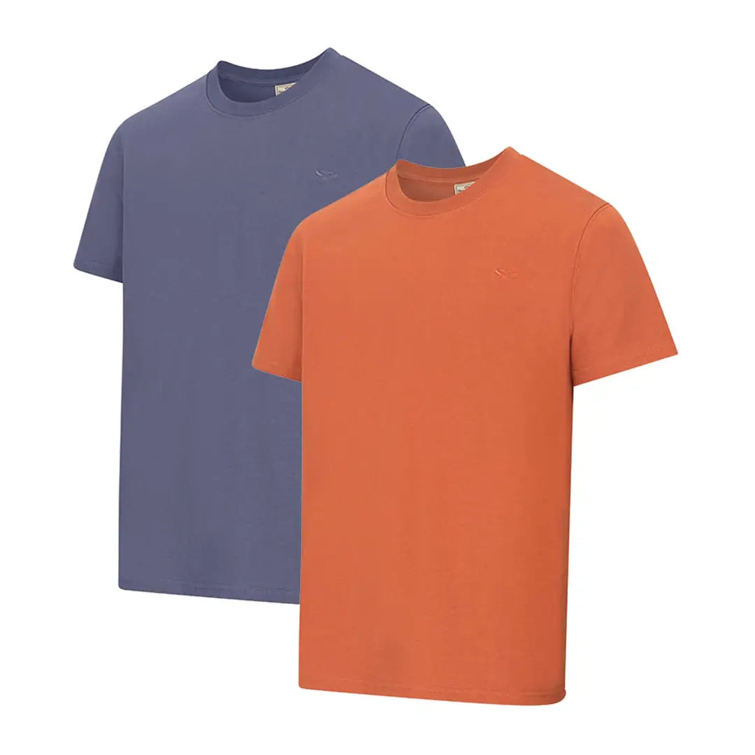 Two plain crew neck t-shirts in navy blue and orange from Hoggs Of Fife, great teamed for country clothing