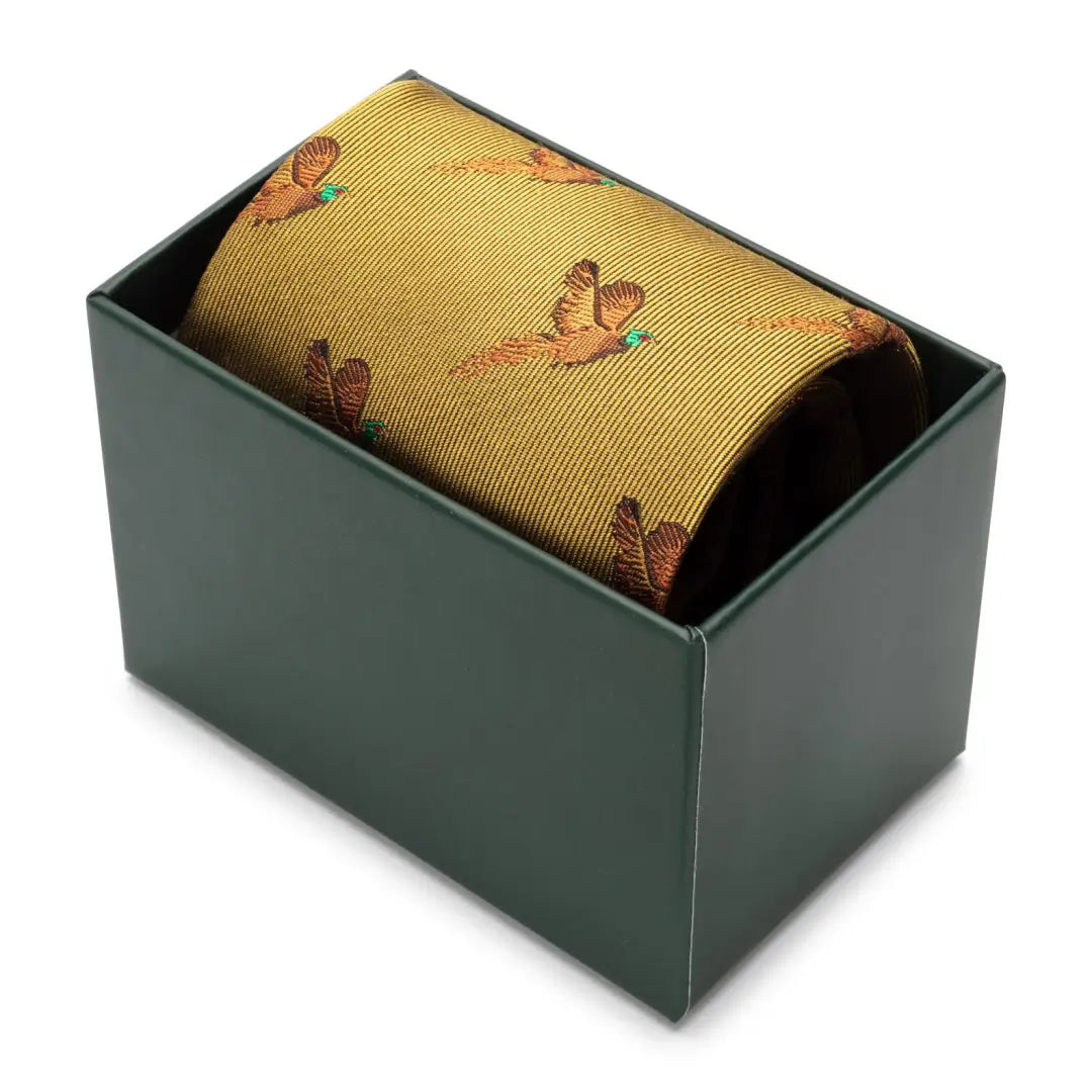 Stylish Hoggs of Fife Silk Country Tie in yellow with butterfly pattern in a green box