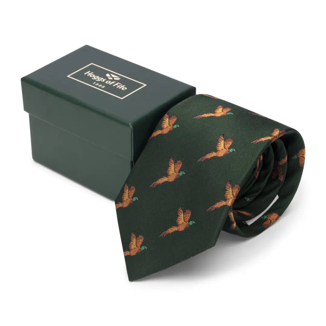 Dark green Fife Silk Country Tie with flying pheasants in a stylish gift box