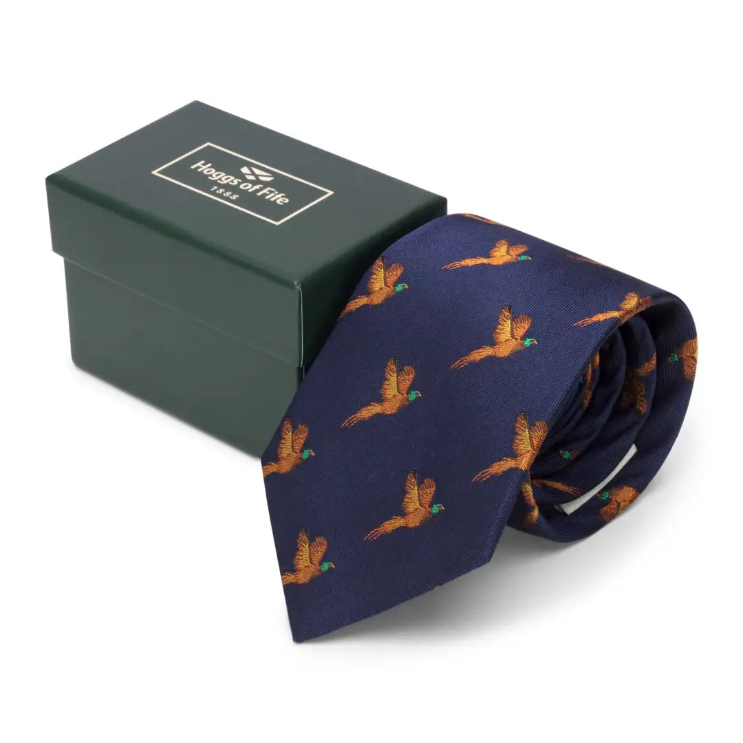 Navy blue Hoggs of Fife Silk Country Tie featuring golden pheasants in flight design