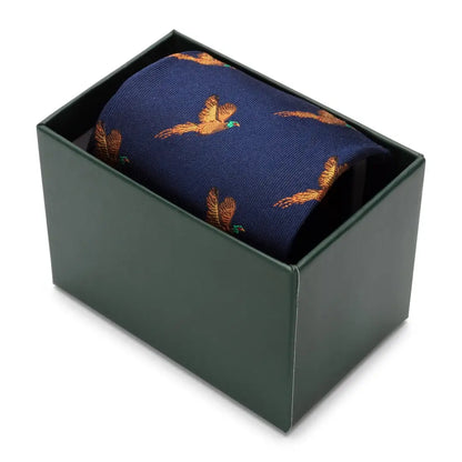 Colorful pheasant pattern necktie in a green gift box perfect for Fife Silk country clothing