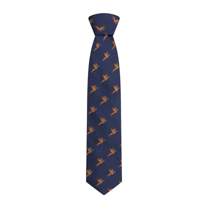 Navy blue Fife Silk tie with orange flying pheasants perfect for country clothing and hunting