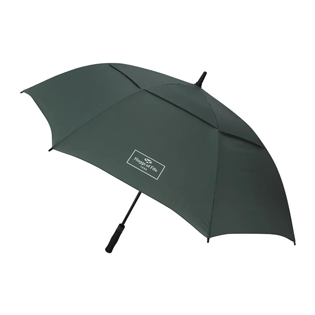 Dark green Fife Sports Umbrella perfect for country walks with a logo on the canopy