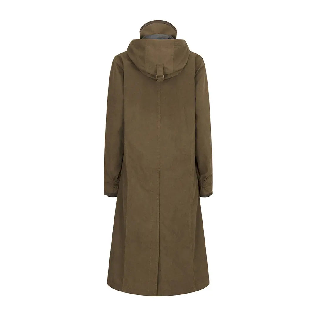 Long olive green Hoggs of Fife Struther Ladies Long Riding Coat with hood and high collar