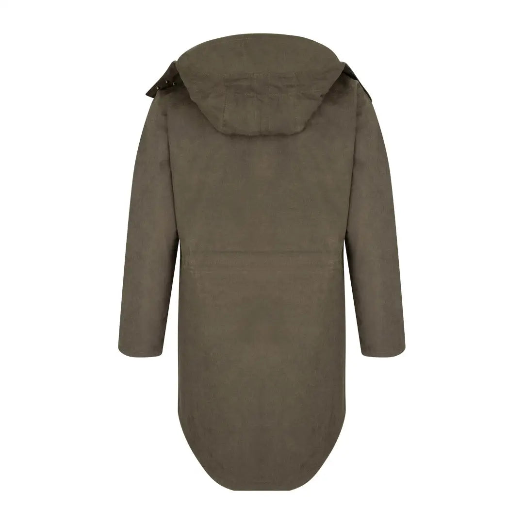 Olive green Hoggs of Fife Struther longer length smock with hood and curved hemline