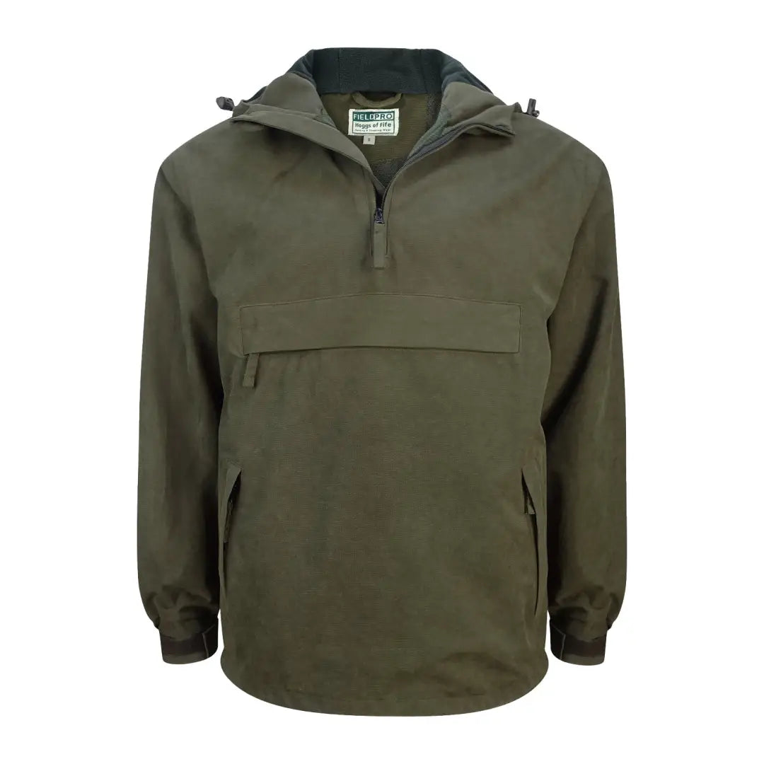 Olive green Fife Struther Smock jacket with half-zip and hood for outdoor use