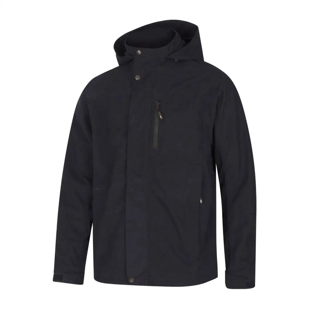 Black hooded jacket with zippered chest pocket, perfect for Fife Struther Waterproof style