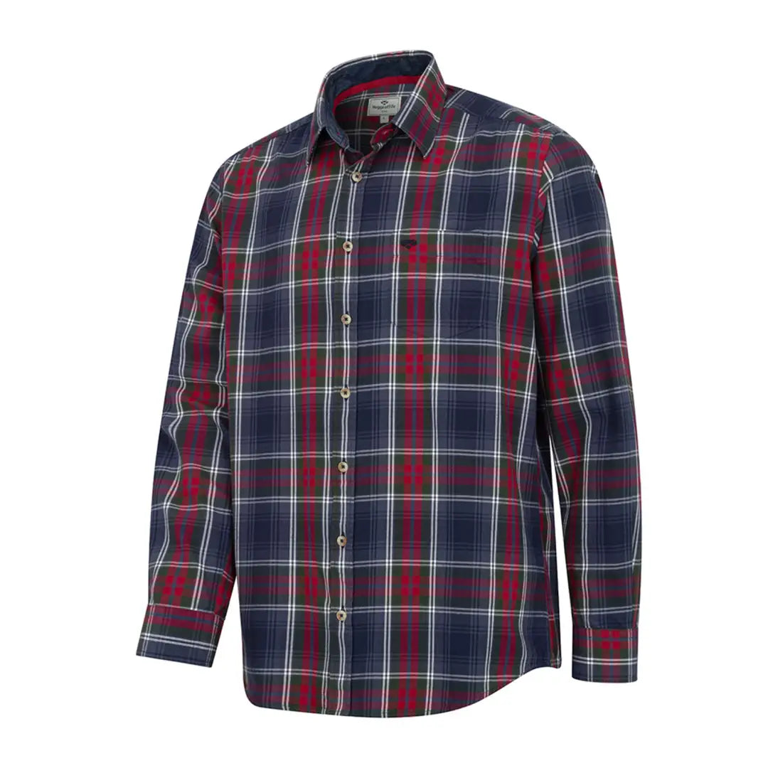 Navy blue and burgundy Plaid button-up cotton shirt for country clothing and hunting