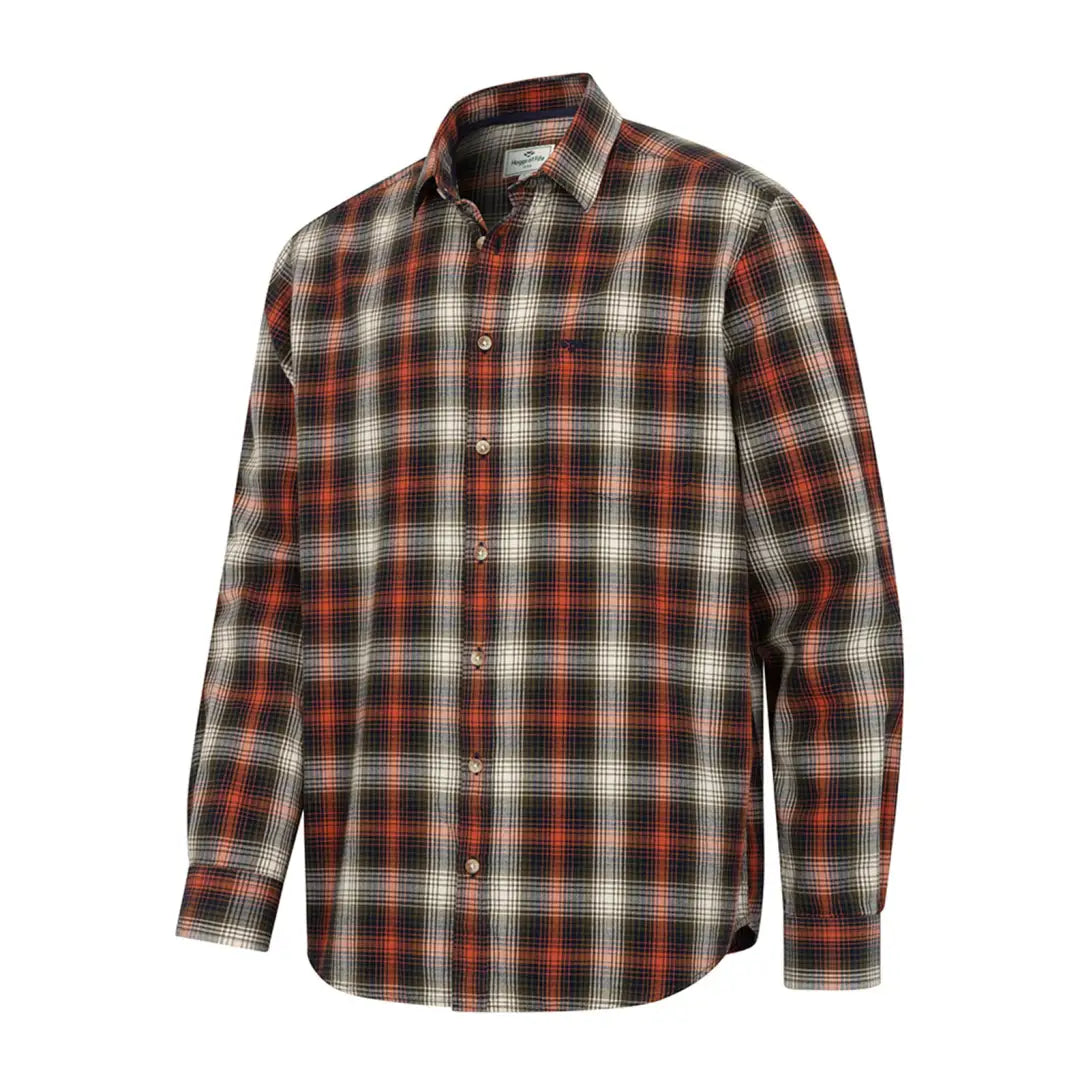 Plaid button-up Tiree Shirt in red, black, and white, made from lightly brushed cotton