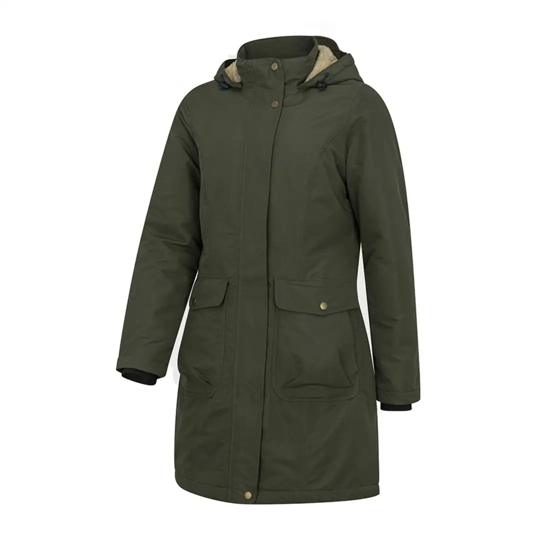 Dark green hooded long coat with pockets, perfect for best country clothing style