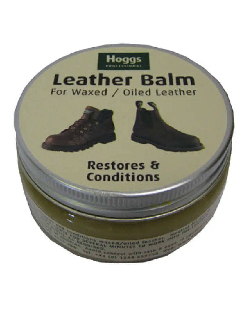 Tin of Hoggs Leather Balm for Fife waxed leather, featuring boots on the lid