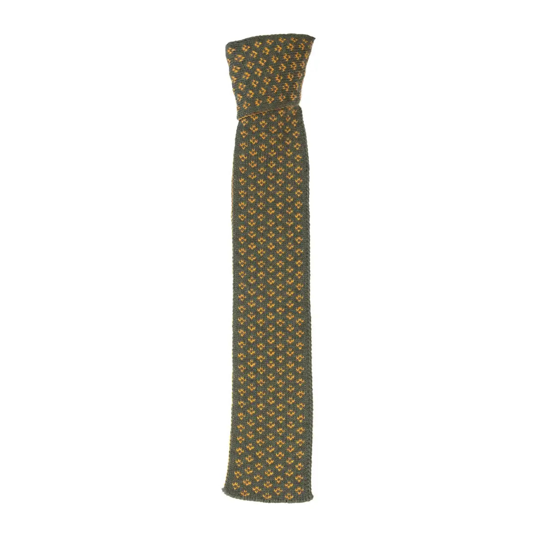 Patterned neck tie with geometric design in green, gold, and brown for country clothing