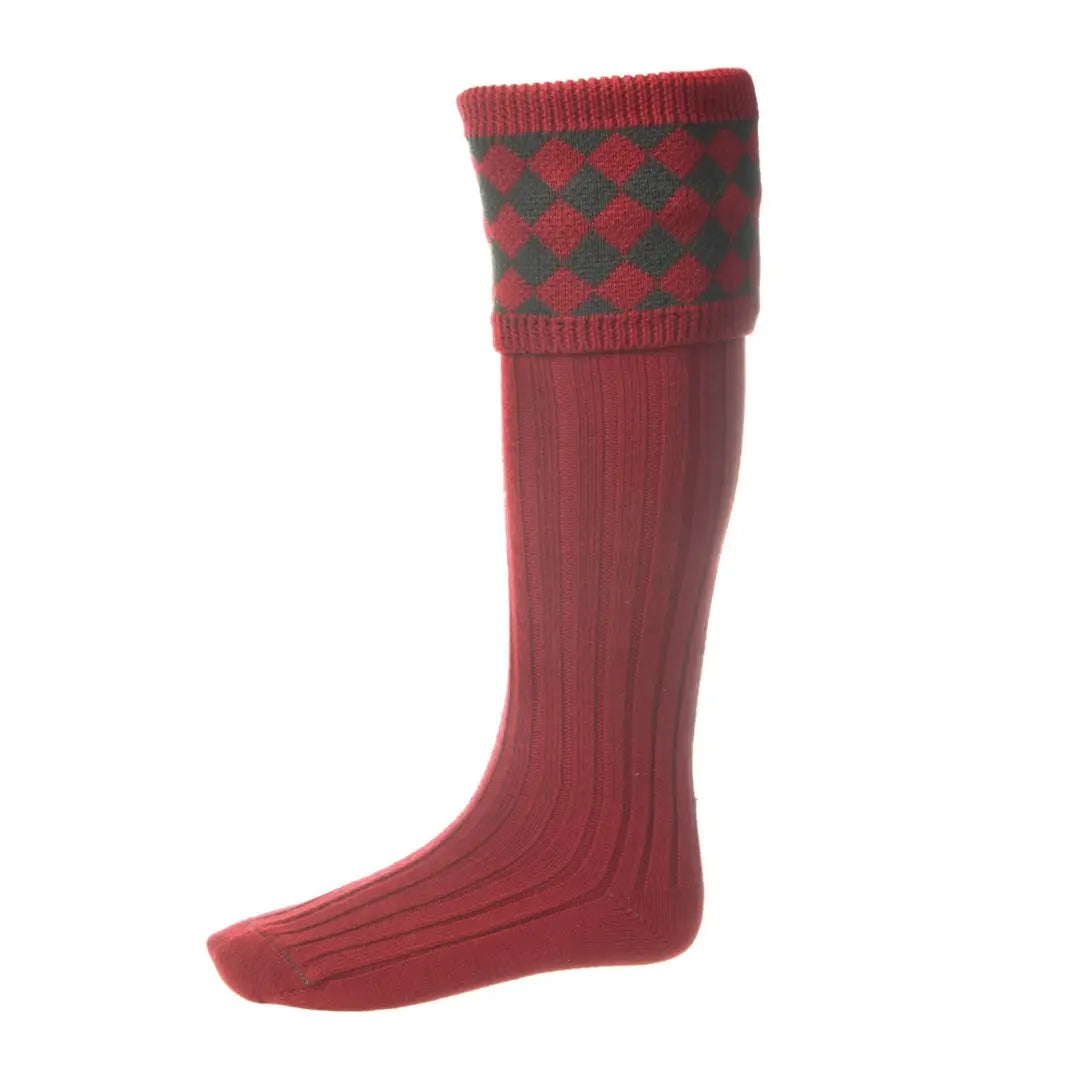 Red knee-high House of Cheviot Chessboard Socks with green checkered merino wool blend