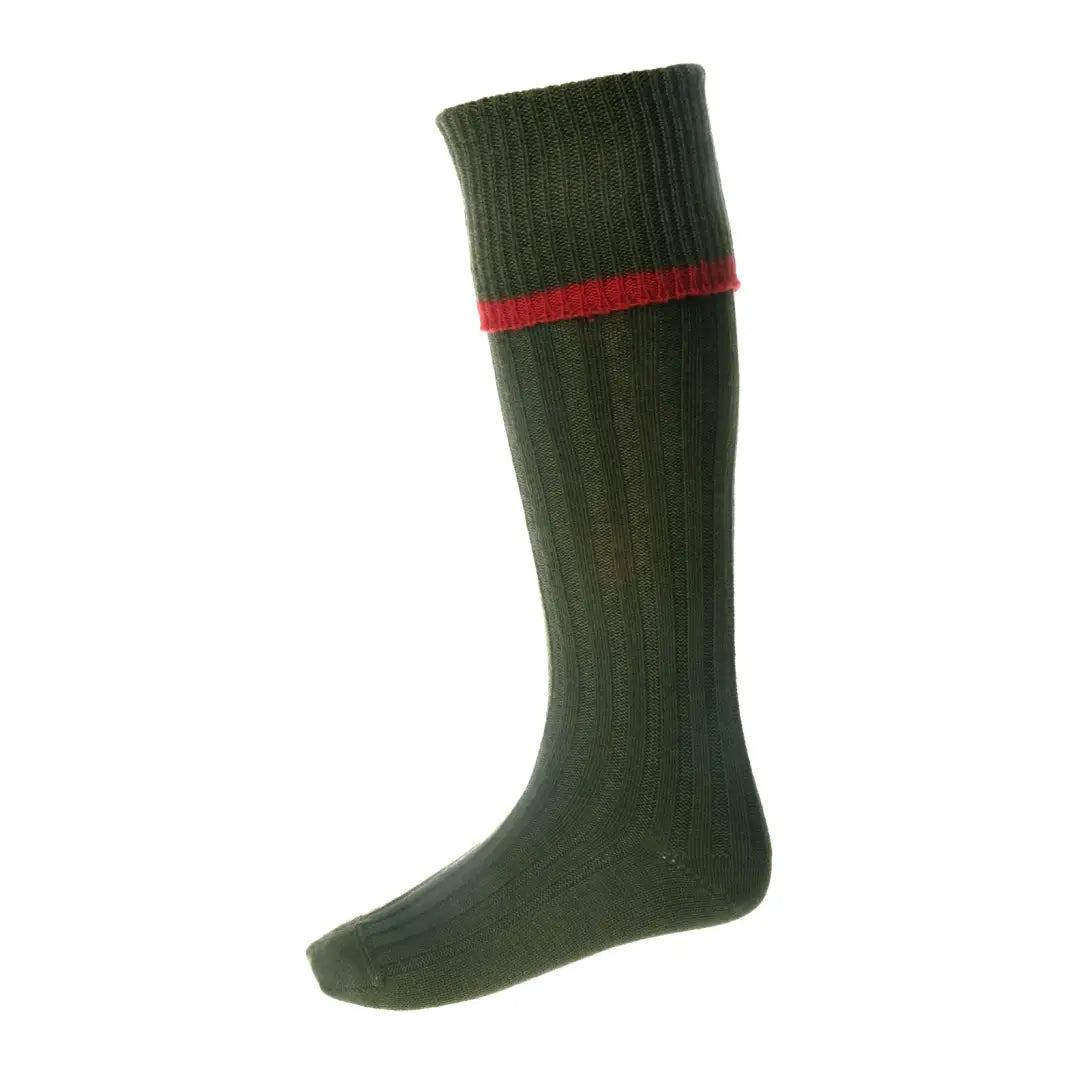 Dark green knee-high House of Cheviot Estate Field Socks with red stripe, merino wool blend