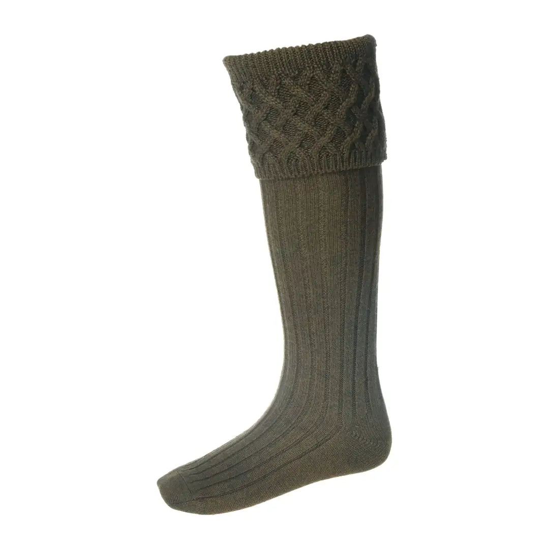 Olive green House of Cheviot Rannoch Socks in a comfy merino wool blend with ribbed pattern