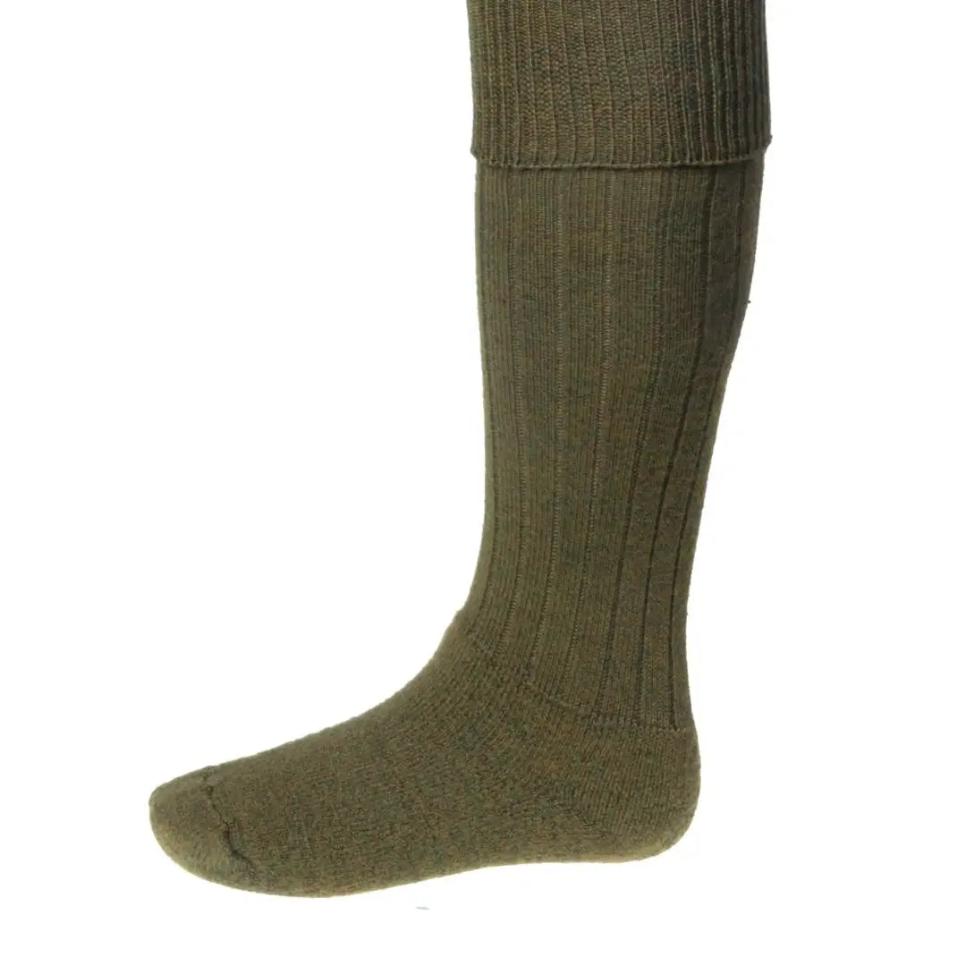 Olive green ribbed knee-high socks in a cozy merino wool blend from House of Cheviot