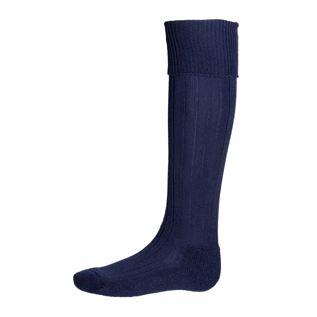 Navy blue knee-high ribbed socks made of soft merino wool blend from House of Cheviot