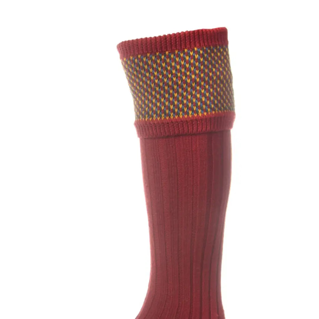 Red knitted sock with a patterned cuff from House of Cheviot Tayside Socks for country clothing