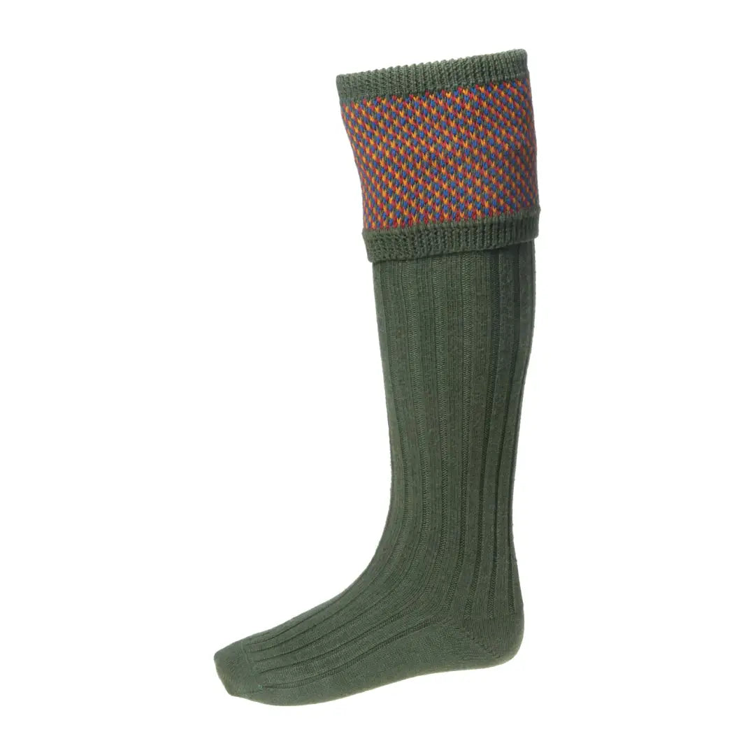 Green knee-high House of Cheviot Tayside Socks with patterned cuff, perfect for country clothing