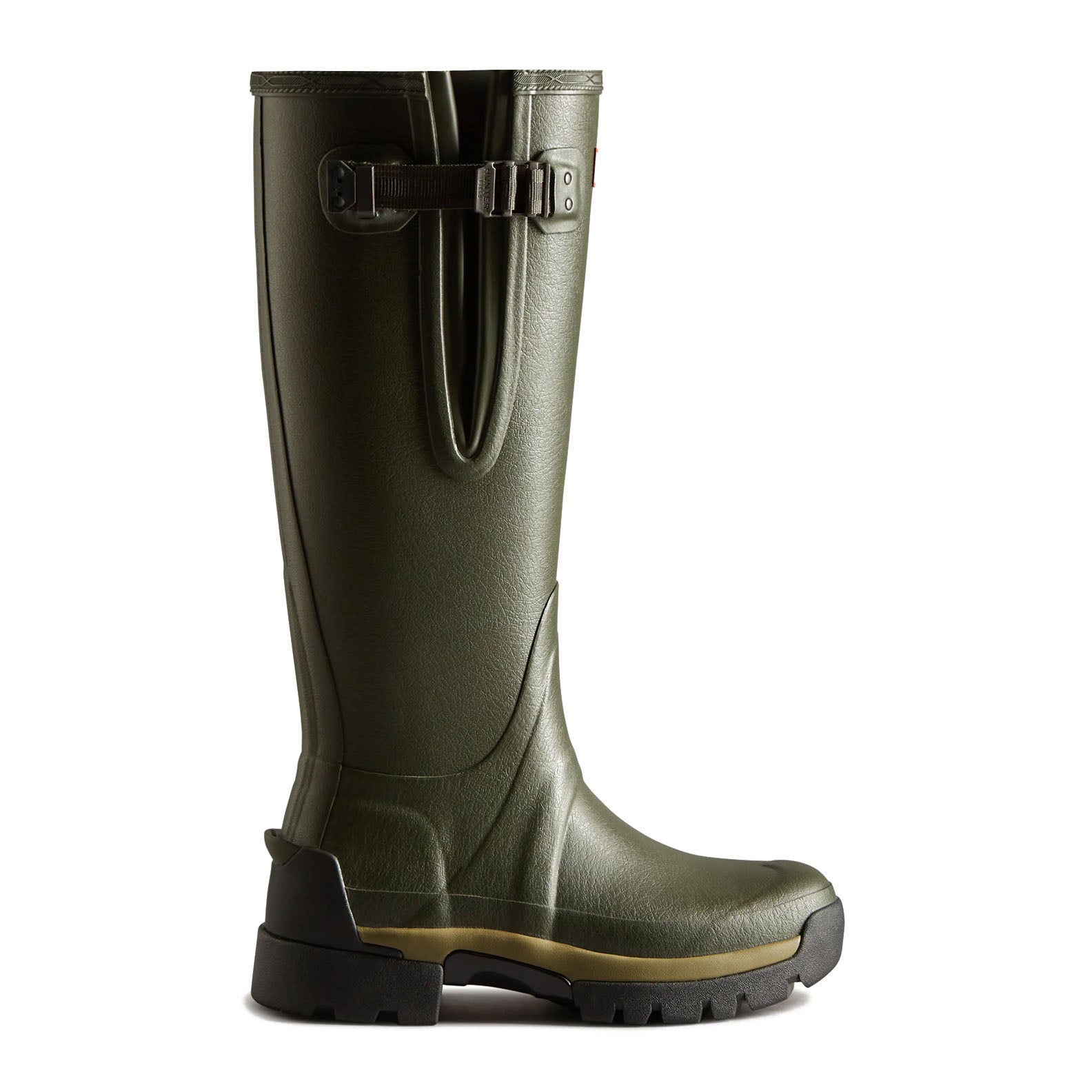 Olive green rubber Wellington boot for country clothing and outdoor adventures